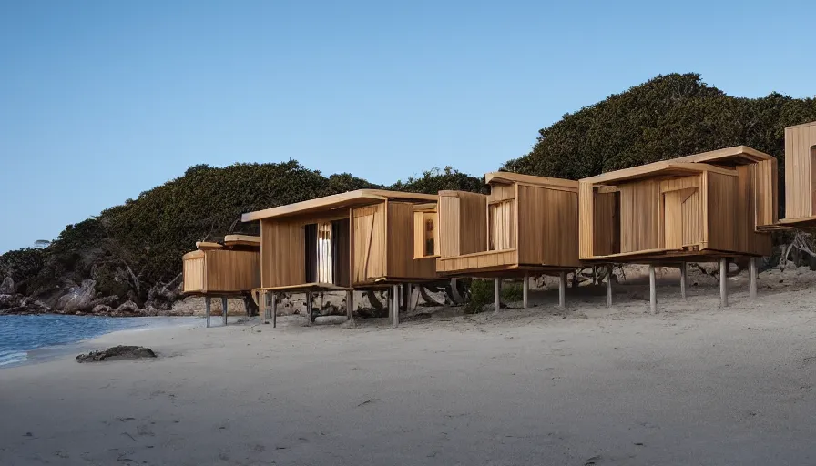 Image similar to An architectural rending of an eco-community of contemporary 3D printed sea ranch style cabins with rounded corners and angles, beveled edges, made of cement and concrete, organic architecture, on the California coastline with side walks, parks and public space , Designed by Gucci and Wes Anderson, golden hour