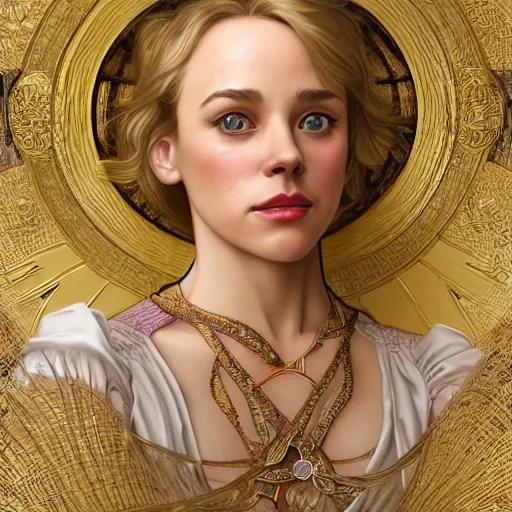 Image similar to Young blonde Rachel McAdams, highly detailed, digital painting, artstation, concept art, smooth, sharp focus, illustration, ArtStation, art by artgerm and greg rutkowski and alphonse mucha and J. C. Leyendecker and Edmund Blair Leighton and Katsuhiro Otomo and Geof Darrow and Phil hale and Ashley wood and Ilya repin and Charlie Bowater