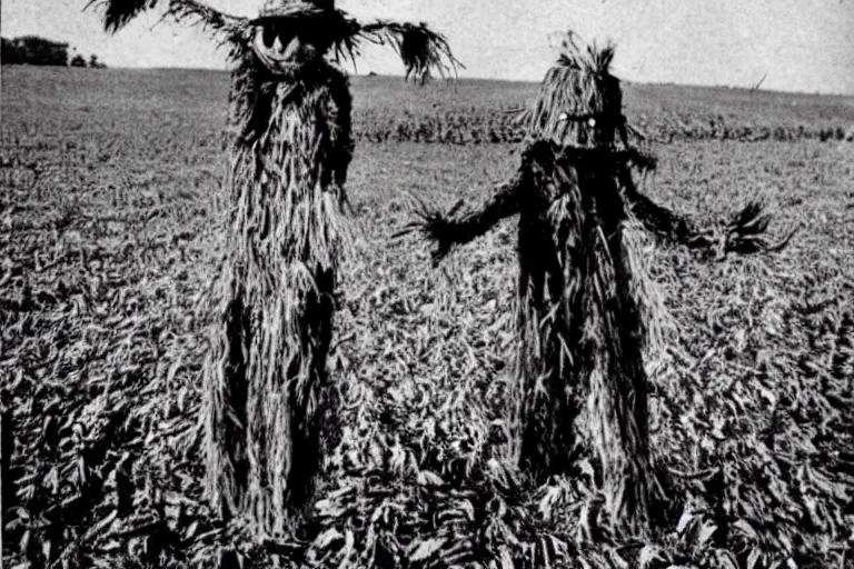 Image similar to frightening scarecrow from the early 1 9 0 0's dancing in the cornfields