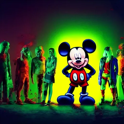 Image similar to a group of people standing around a giant bloody wounded head of mickey mouse, neon netflix logo, cyberpunk art by david lachapelle, cgsociety, sots art, dystopian art, reimagined by industrial light and magic, dark obscure neon concept art