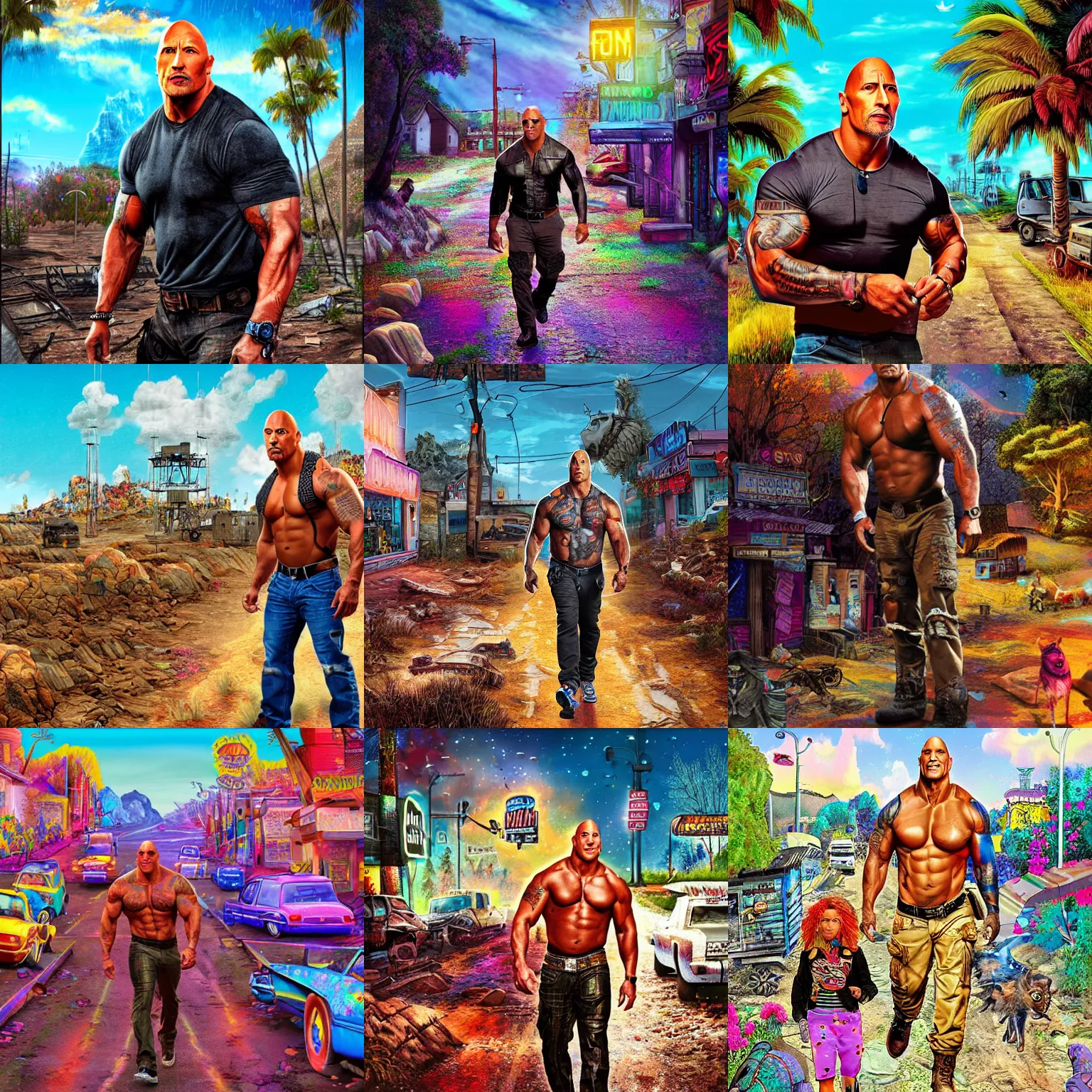 Prompt: Dwayne Johnson wandering a post apocalyptic town by Lisa Frank, highly detailed digital art