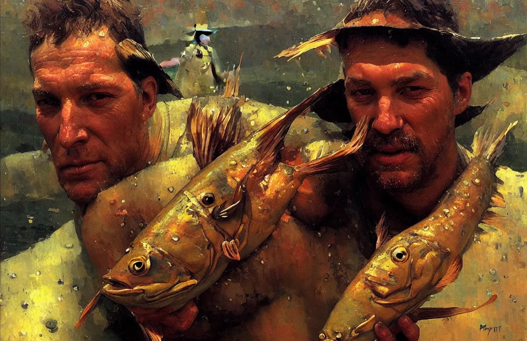 Image similar to portrait of a darthouven fish man!!!!!!!!!!!!!!!!!!!!!!!!!!!, detailed face, detailed painting, epic lighting, by ilya repin, phil hale and kent williams