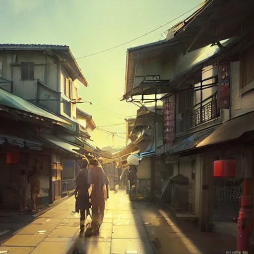 Image similar to walking around ozu city and shimonad station, ehime, japan. volumetric lighting, hot summer evening, golden hour, realistic illustration, perfectly shaded, soft painting, art by krenz cushart and wenjun lin