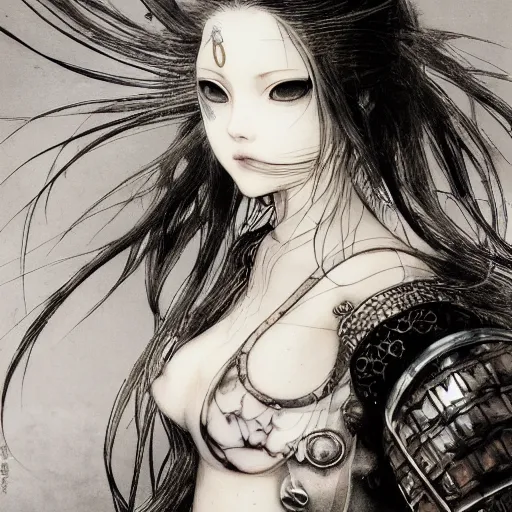 Image similar to Yoshitaka Amano realistic illustration of an anime girl with black eyes, wavy white hair fluttering in the wind and cracks on her face wearing Elden ring armour with engraving, abstract black and white patterns on the background, noisy film grain effect, highly detailed, Renaissance oil painting, weird portrait angle, blurred lost edges, three quarter view