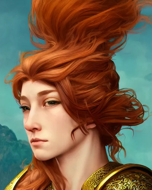 Prompt: Hyper realistic portrait of a strong female fighter with beautiful curly shiny copper hair and broad shoulders, she is from Troy and wears a golden armor, high contrast, artwork in the style of Alphones Mucha and Takumi Nagayasu and Dan Dos Santos, trending on artstation