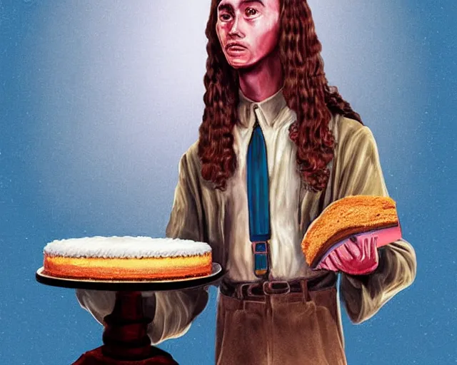 Prompt: Forrest gump eating a cake in hogwarts, digital art, highly detailed, in the style of Heraldo Ortega