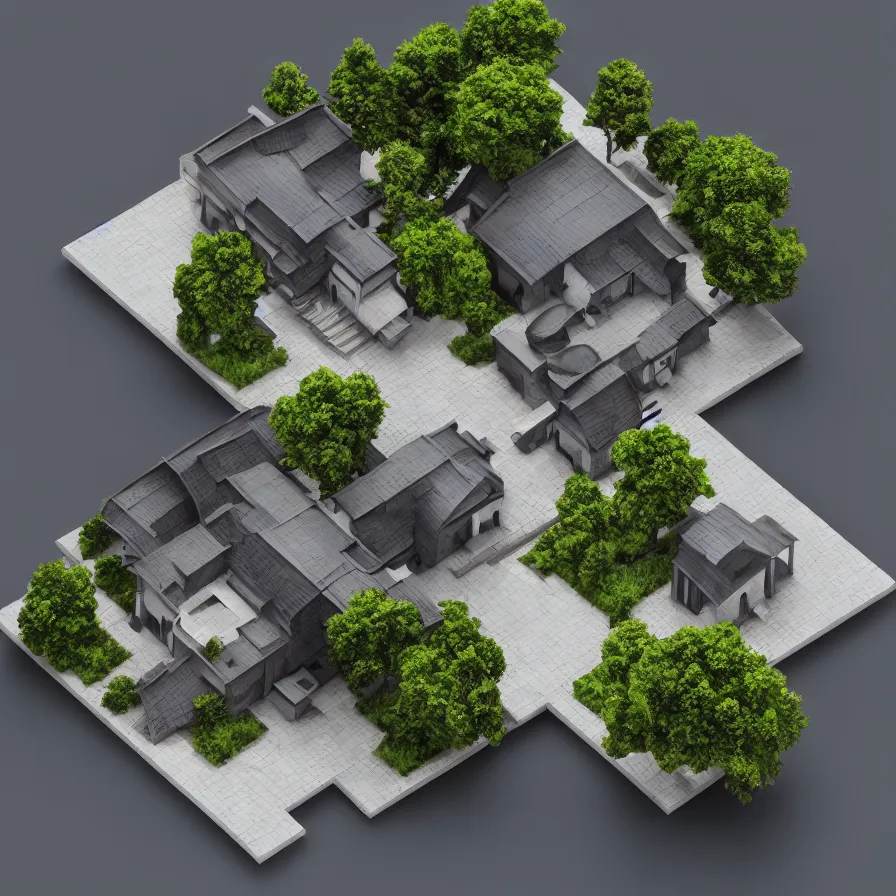 Image similar to architectural model, isometric view, 3 d render, studio lighting, low contrast, dark background, highly detailed, a house with circular courtyard, tree