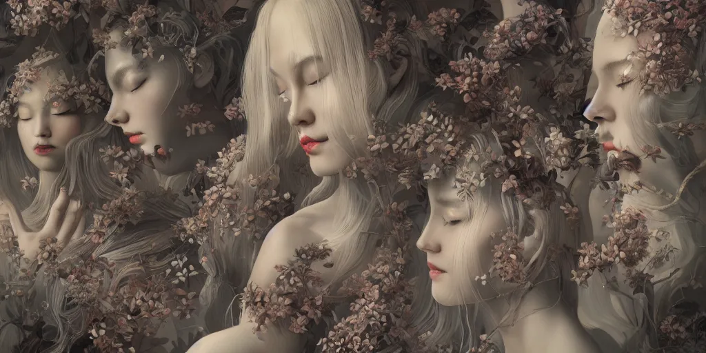 Prompt: breathtaking detailed concept art painting art deco pattern of blonde faces goddesses amalmation flowers, by hsiao - ron cheng, bizarre compositions, exquisite detail, extremely moody lighting, 8 k