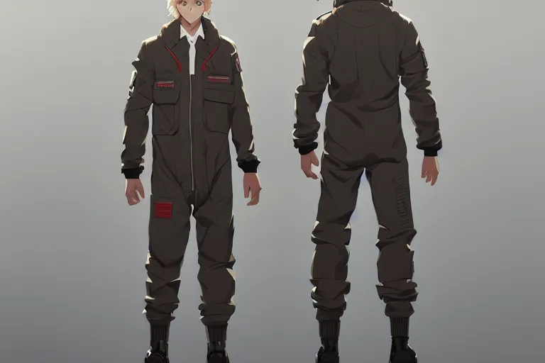 Image similar to character sheet of handsome young man wearing ma - 1 flight suit jacket and work pants, blonde hair, by greg rutkowski and studio ghibli, digital art, trending on artstation, highly detailed, concept art, beautiful, masterpiece