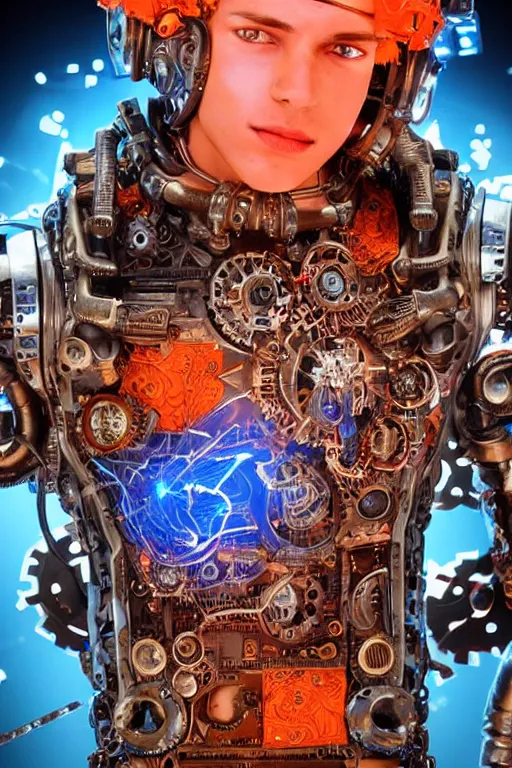 Image similar to full-body cyberpunk style sculpture of a young handsome Spanish prince half android with a chest opening exposing circuitry and a sparking motherboard, glowing blue lasert eyes, crown of mechanical gears and roses, flowing orange-colored silk, fabric, steampunk archways. baroque elements, human skull. full-length view. baroque element. intricate artwork by caravaggio. many many birds birds on background. Trending on artstation, octane render, cinematic lighting from the right, hyper realism, octane render, 8k, depth of field, 3D