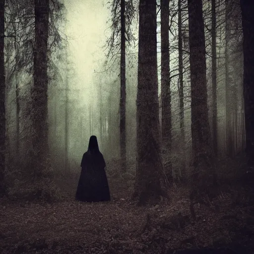 Image similar to long shot of a scary woman wearing all black, standing in the forest, melancholic, dreary, horror, creepy, glows, dark lighting, ambient lights, cinematic lighting, sinister, digital art,