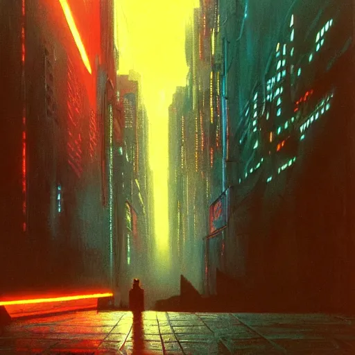 Prompt: huge cyberpunk dystopian megacity with lights and neon billboards, holograms, bladerunner and beksinski painting