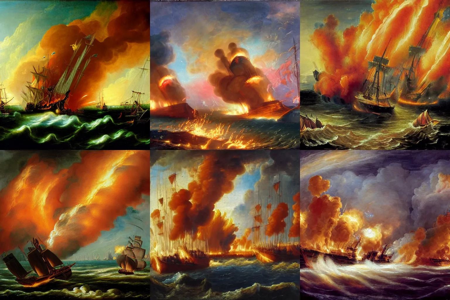 Prompt: two 1600s ships firing their cannons at each other in a glorious colorful blaze of smoke and fire, oil painting, epic cinematic