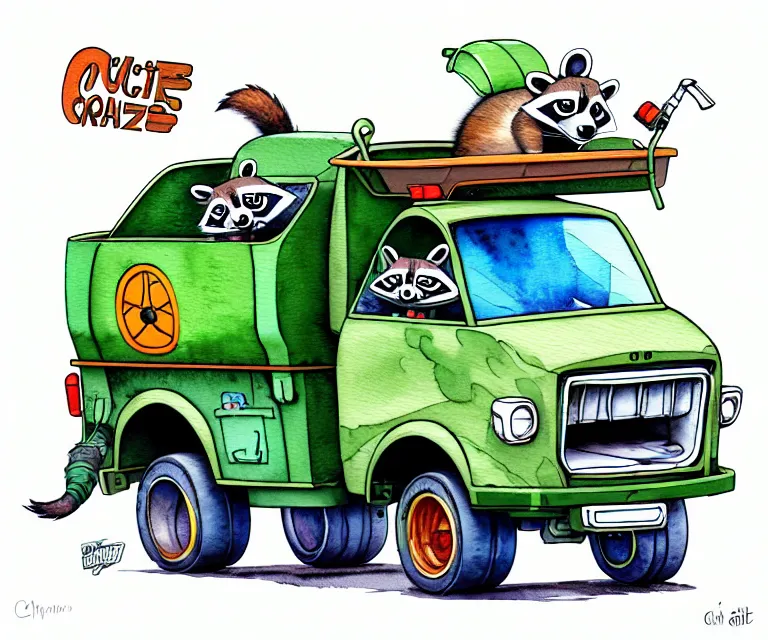 Image similar to cute and funny, racoon driving a tiny garbage truck, ratfink style by ed roth, centered award winning watercolor pen illustration, isometric illustration by chihiro iwasaki, edited by craola, tiny details by artgerm and watercolor girl, symmetrically isometrically centered