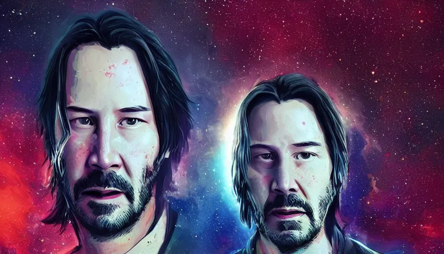 Image similar to Keanu reeves floating in space with a distressed look on his face, digital art, artstation, artgem