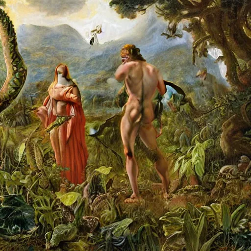 Prompt: Close-up of God being angry in the Garden of Eden. Adam and Eve look very guilty and the snake is leaving the scene quietly - Matte painting , detailed painting, made by Edgar Maxence and Ross Tran and Michael Whelan, Lorenzo Sperlonga Legends of Runeterra