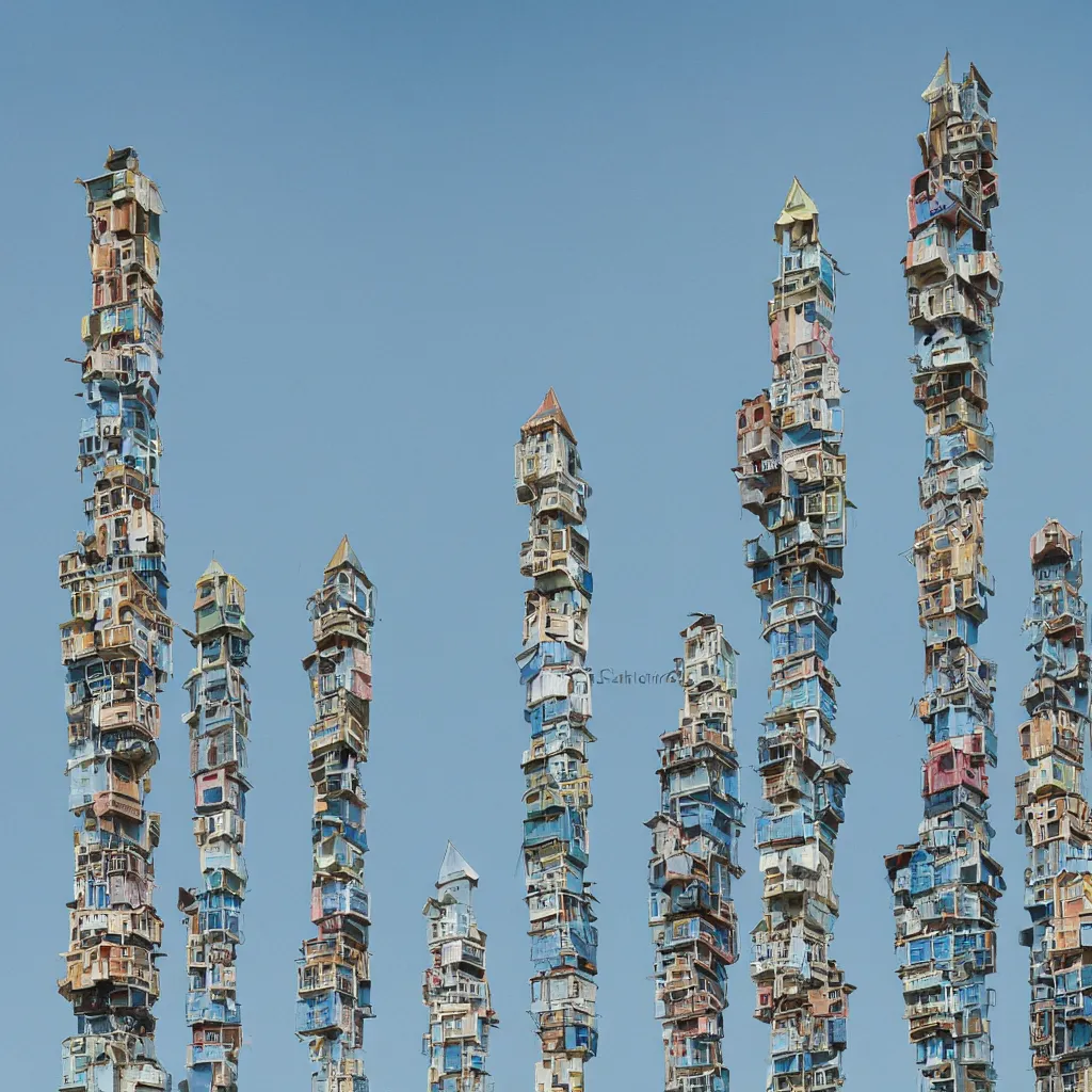 Prompt: close - up towers made up of colourful squatter housing, bleached colours, plain uniform light blue sky, dystopia, mamiya, very detailed, ultra sharp, photographed by john chiara