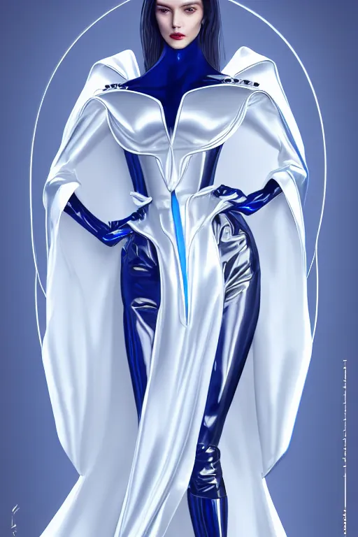 Image similar to detailed beautiful noun in opened white gold blue coat, seductive confident pose, attractive feminine curves, intricate details, futuristic, alien, elegant cape, elegant, photorealism, trending on artstation, holy halo, advanced technology, art by moebius and vitaly bulgarov and chanthara