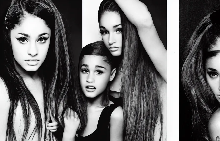 Image similar to award winning photo of Ariana Grande together with Megan Fox, symmetrical face by Sally Mann & Arnold Newman