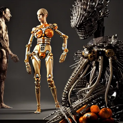 Image similar to still frame from Prometheus movie by Makoto Aida, biomechanical Vespa mandarina angel gynoid, metal couture by neri oxmn and Guo pei, editorial by Malczewski and by Caravaggio