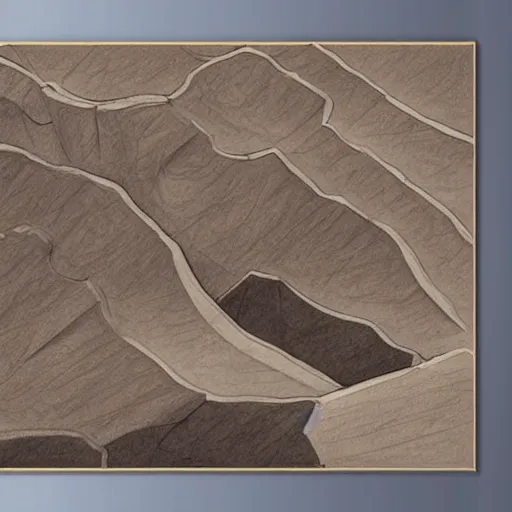 Image similar to masterpiece abstract high detailed intricate painting of many - layered angled rocky field along a three - quarters landscape surface of squared shapes. sloping thin pencil rough sketch lines provide a sense of movement. dramatic use of light to create a sense of a stony surface. using engineering techniques and a rich dark earthy color palette, providing a physical mathematical feel.