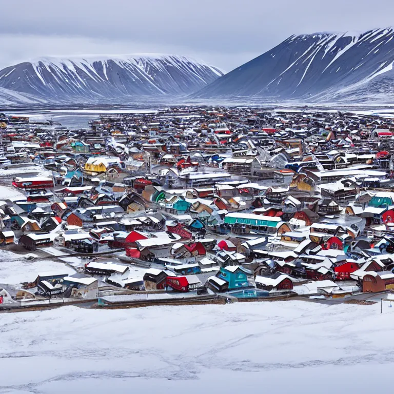 Prompt: a beautiful town in svalbard, snow