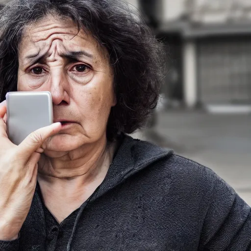 Prompt: astonished and angry middle aged lady looking at smartphone, uncombed hair, greek ethnicity, persian face structure, straight grey hair, angry eyes, photo, realistic, outdoor lighting, 4 k, 8 k, hd, 3 9 mm lens