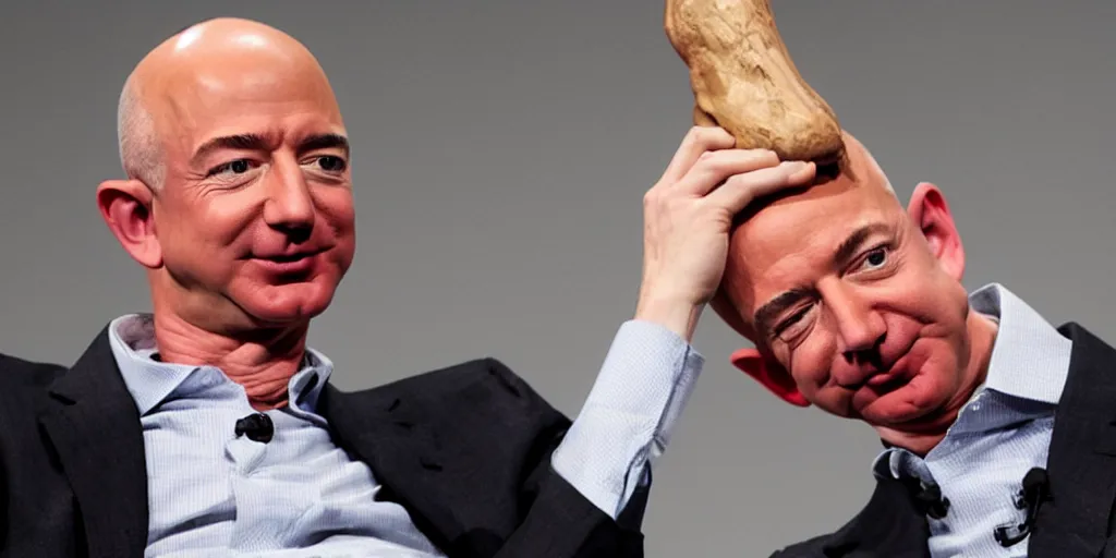 Image similar to ' jeff bezos holding his own head