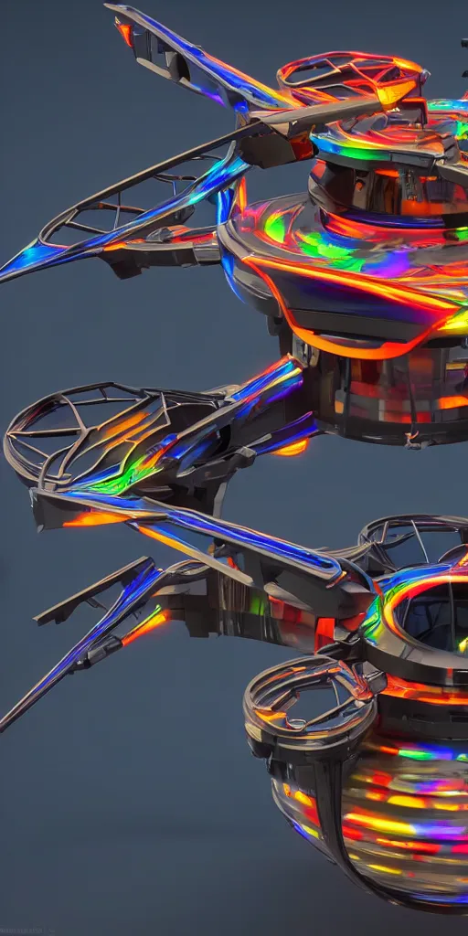 Image similar to futuristic multi rotor helicopter with plasma engine, 4 k, hyper realistic, coherent design, symmetrical, vivid colour, complementary colour, golden ratio, detailed, sharp lines, intricate, rainbow shift, in unreal 3 d engine, ray tracing, octane render