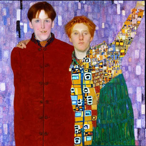 Prompt: painting of fred and george weasley by gustav klimt