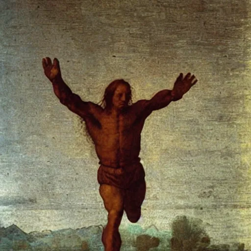 Prompt: clother man jumping by Leonardo da Vinci