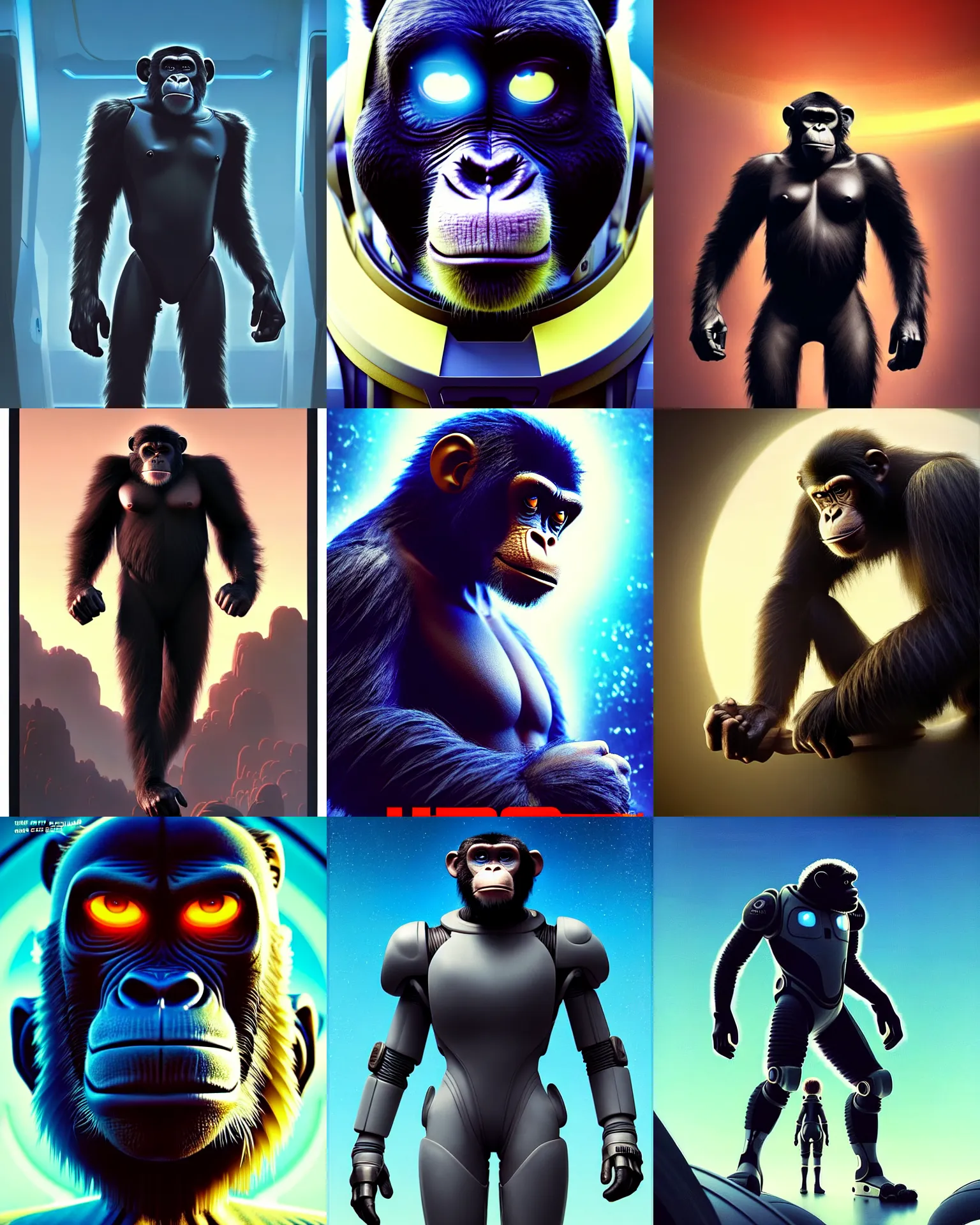 Prompt: sci - fi pixar anime movie poster portrait photo of a tough gruff humanoid chimp in a far - future spacesuit by weta, marvel : : by greg rutkowski, wlop, ilya kuvshinov, rossdraws, artgerm, rave makeup, unreal engine, heavy brow, pearlescent, morning, artstation, gq cover : :