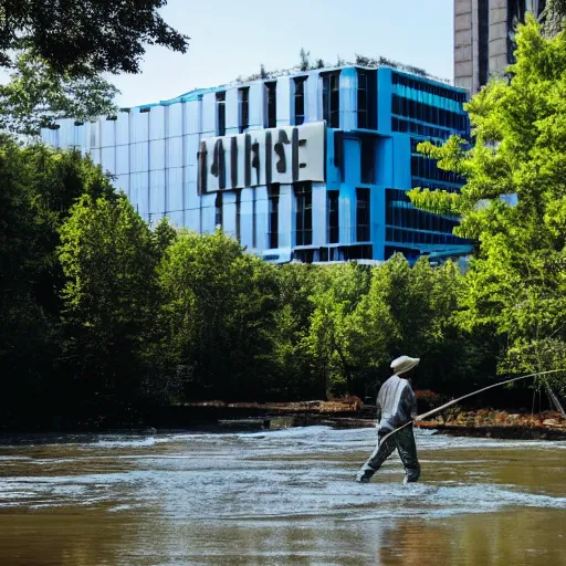 Image similar to a man fishing into a river with trees and a sci - fi containment building in the background, a sense of hope and optimism, monumental, harsh sunlight