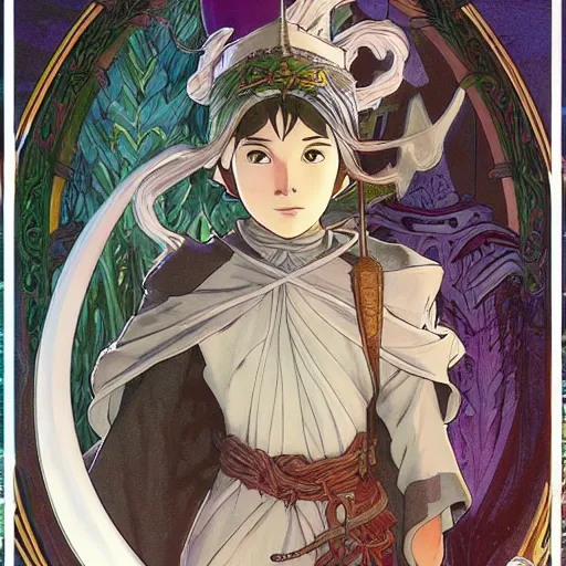 Prompt: elf wizard, dungeons and dragons, male, ornate robes, realistic facial features, highly detailed, illustration, Makoto Shinkai and Studio Ghibli animated film still, by Ilya Kuvshinov and Alphonse Mucha