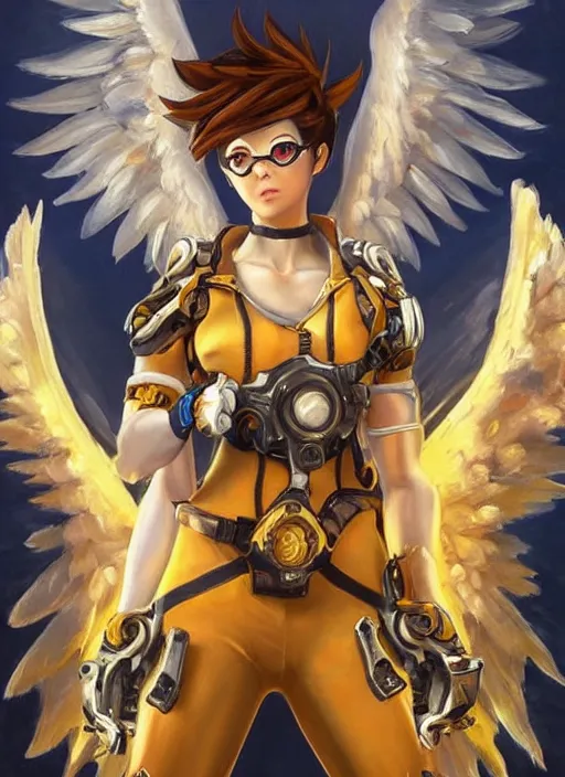 Image similar to full body oil painting of tracer overwatch in the style of sophie anderson, angel wings, angelic golden armor, dramatic painting, symmetrical composition, ornate, high detail, gold detailed collar!!!!!, blooming, lights, flowers, detailed face,