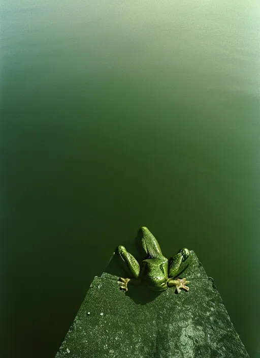 Prompt: sad, lonely frog vertically hovering above misty lake waters in jesus christ pose, low angle shot, long cinematic shot by Andrei Tarkovsky, paranormal, eerie, mystical