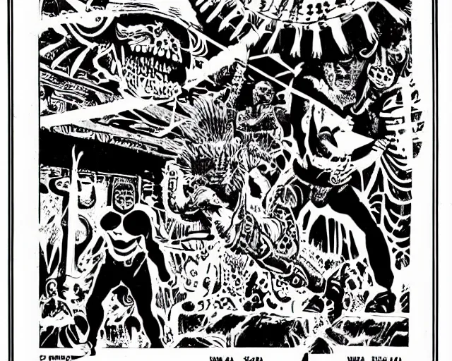 Image similar to ecstatic party in las pozas, mayan jaguar warrior, ink by frank miller and jose guadalupe posada, cut out collage, science fiction fanzine 1 9 6 7