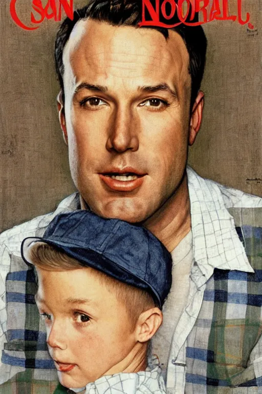 Image similar to san ben affleck wearing checkered shirt and white cap, poster, by norman rockwell