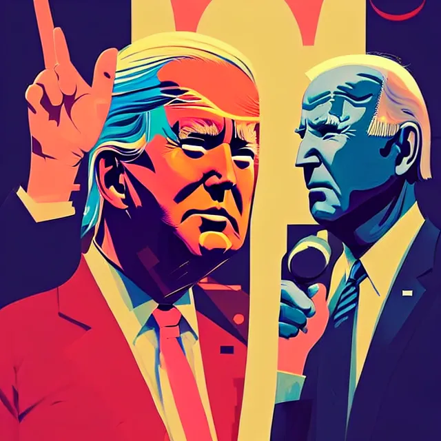 Prompt: a beautiful painting of trump vs joe biden by sachin teng and pascal blanche and john harris and greg rutkowski. in style of futurism art. ( ( colorful comic ) ), film noirs, brush stroke, vibrating colors, hyper detailed. 4 k texture. octane render. trending on artstation