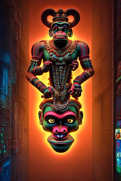 Image similar to high quality 3 d render post - rococo cyberpunk hanuman! head building, neon madhubani, open mouth, highly detailed, in sci - fi new delhi, cinematic smooth unreal engine, lee madgwick & liam wong, dramatic light, low angle, uhd 8 k, sharp focus