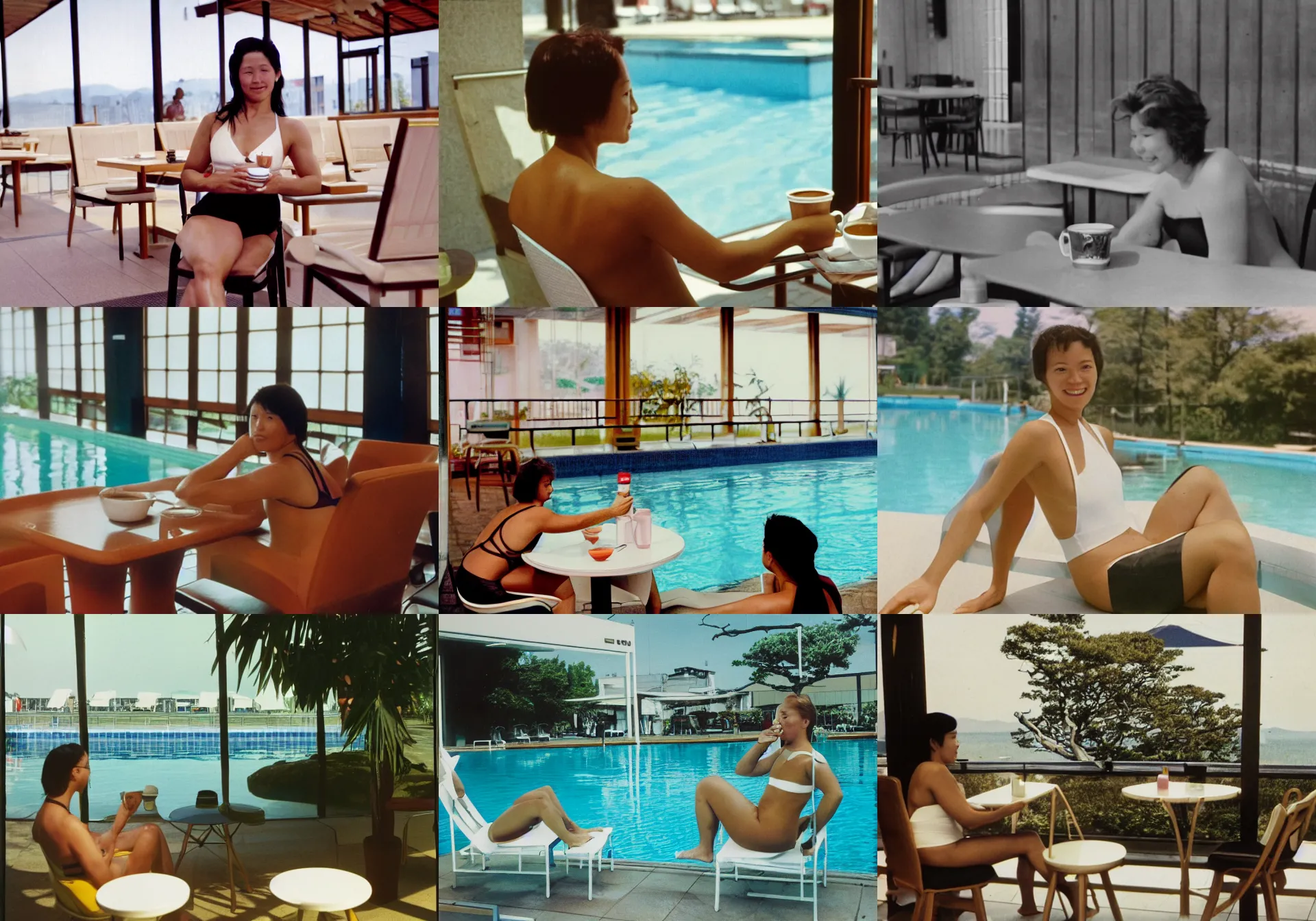 Prompt: home video footage, a woman in a swimsuit sits on a white chair in a cafe lounge at a public swimming pool facility in japan ; coffee is on the table. water, tree ; daylight, summer, color vhs picture quality