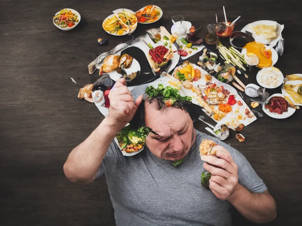 Image similar to artist on diet dramatically thinking about food but cannot eat