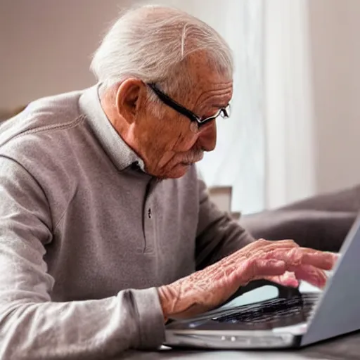 Image similar to casket with elderly man who is browsing internet on laptop from a casket