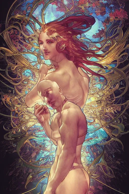 Image similar to swimming through time, by artgerm and yoshitaka amano and moebius and alphonse mucha, hyperdetailed, dc comics, ornate, nebula, explosions in the sky, trending on artstation