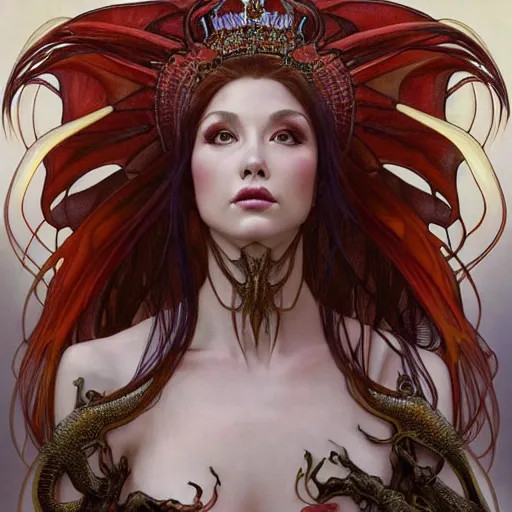 Image similar to 3/4 body portrait of the firedragon queen by artgerm and H R Giger and alphonse mucha, HD, full body dragon concept, flying dragon, Human body with dragon features, beautiful queen, perfect face, perfect body, 10/10 would dream again, fantasy, intricate, elegant, highly detailed, digital painting, artstation, concept art, smooth, sharp focus, illustration, ray tracing, 4k realistic 3d rendered portrait, soft shading, soft colors, relaxed colors, hyperdetailed, wide angle lens, fantasy, futuristic horror, armor style of giger