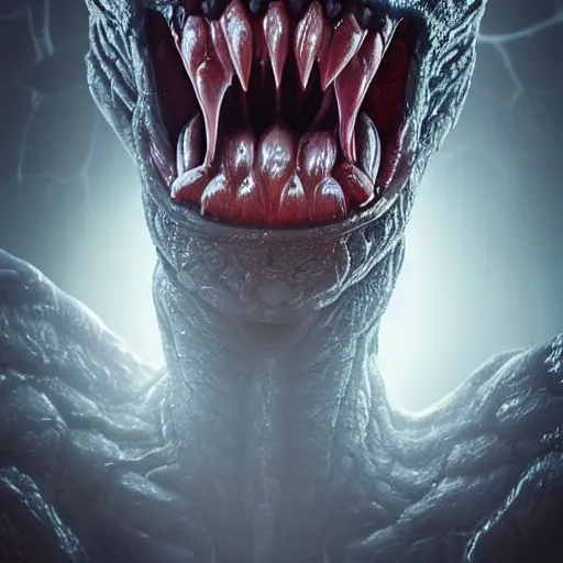 Prompt: realistic, humanoid venom alien, long slimy textured tongue, dripping saliva, mouth with a mouth with a mouth, alien eyes, fangs, thin red glowing veins, grey snake scale skin, cinematic, in a sewer, flashlight lighting, insanely detailed