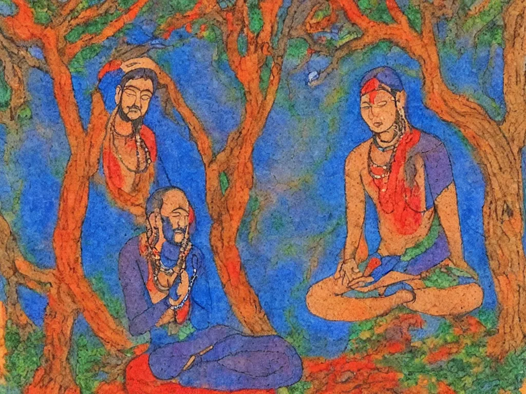 Image similar to Mystic, yogi, in trance, meditating under a tree. Indian, Pahari miniature, colorful, red, deep blue.