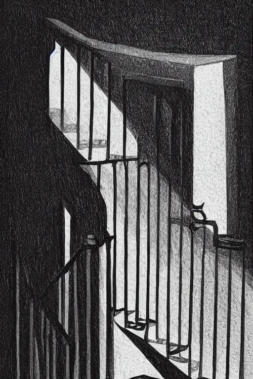 Prompt: looking down a flight of stairs at a black cat, first person perspective, digital illustration, artstation, artstation hq, hd