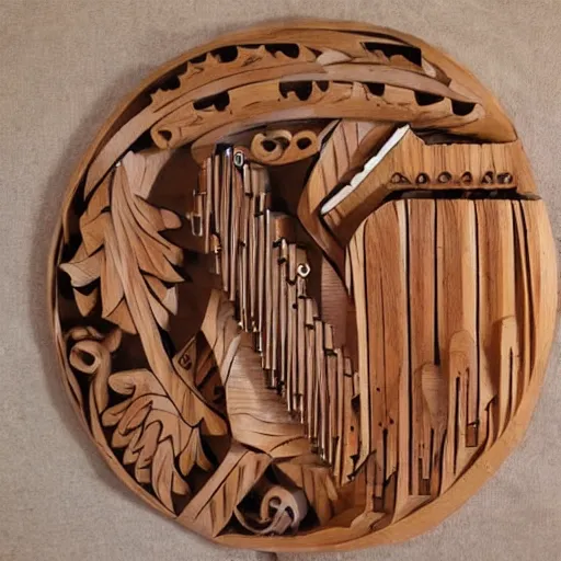 Image similar to a wood carving of a very musical statement,