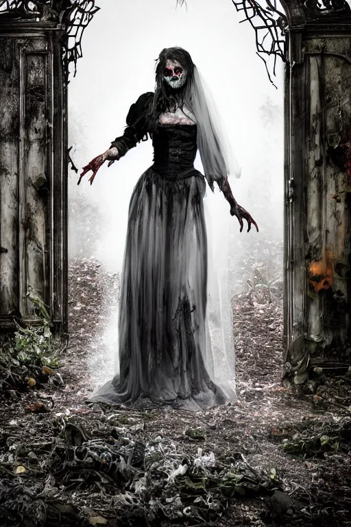 Image similar to a zombie bride with flowing dress and veil at the ornate gate of a decrepit house, night, mist, smoke, scary, spooky, dramatic lighting, moody, style of stephen jones, bernie wrightson, derek riggs, virgil finlay, fantasy, horror, octane render 8 k